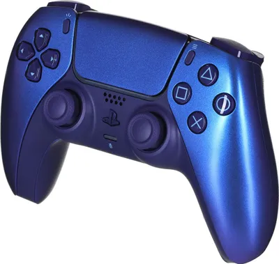 A blue and purple PlayStation 5 DualSense controller is shown against a white background.