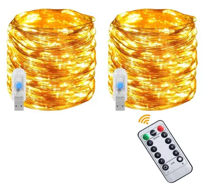 Zdjęcie produktu dla Światełka LED typu "fairy lights", zasilane przez USB, zestaw 2 sztuk, długość 10 metrów, 100 diod LED, 8 trybów świecenia i timer, idealne do dekoracji świątecznych i imprezowych
