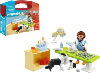 A Playmobil veterinarian playset with figures and accessories.
