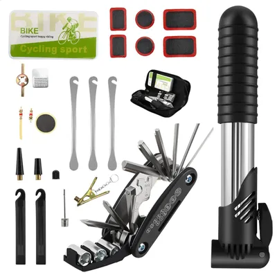 Produktbild von Fahrrad Reparaturset - 17-in-1 Multitool mit Satteltasche - Mini Luftpumpe 120 PSI - Fahrradlampen Set - Schwarz