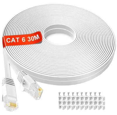 Image de Câble réseau 30 mètres, blanc, Cat6, câble Ethernet plat, câble LAN Gigabit