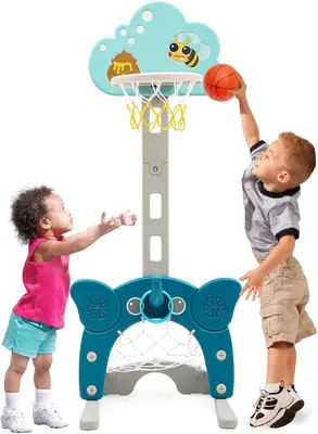 Image de Support de basketball 4 en 1 et but de football - Réglable en hauteur - Bleu
