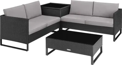 A black rattan sectional sofa with gray cushions and a matching coffee table, set against a white background.