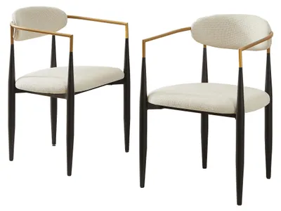 Productafbeelding van Eetkamerstoelen, set van 2, beige bekleding, zwart-gouden metalen frame, ovaal rugleuning, armleuningen rondom en verstelbare voetjes, 46 cm