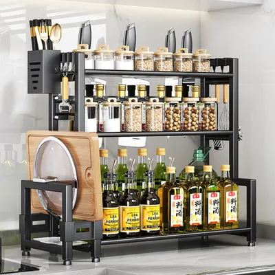 Produktbild von Gewürzregale, 3 Etagen Gewürzregal, Küchenregal, inkl. Schneidebrettablage und Messerhalter, Gewürzständer, Ablage, Küchenarbeitsplatten-Organizer