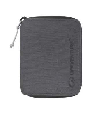 A gray zippered wallet is shown against a white background.
