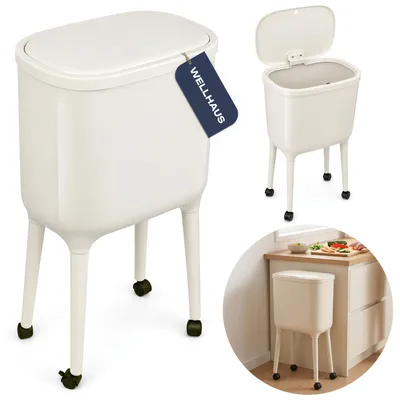 Produktbild von WELLHAUS Muelleimer Slim Beige mit Deckel Klick Rollen und Bremse