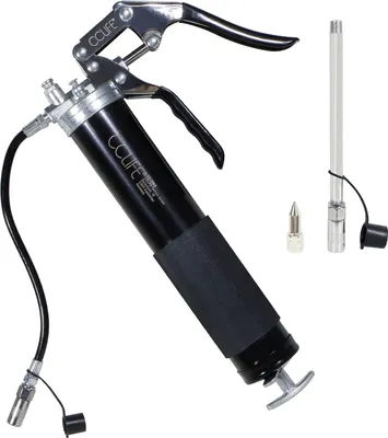 A black and silver grease gun with accessories on a white background.