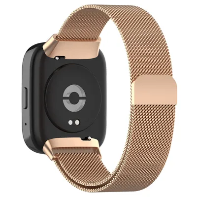 The back of a smartwatch with a rose gold Milanese strap.