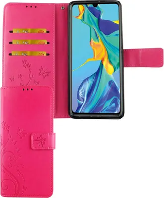 Image de Étui de protection pour téléphone Huawei P30, type pochette avec compartiment pour cartes, couleur rose