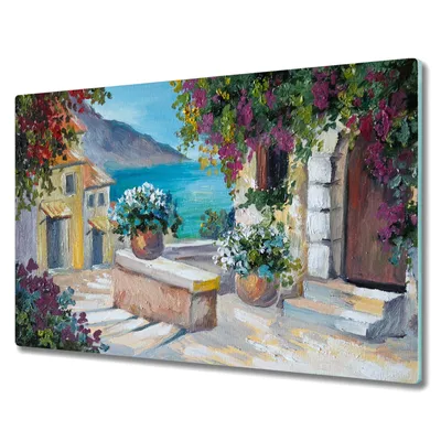 Produktbild von Coloray Hackbrett Herdabdeckplatte 80x52 cm Küchenbrett Kochplattenabdeckung Schneidebrett - Stadt Blumen Himmel