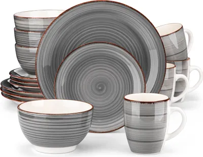 Image de vancasso Bella Service combiné en grès, 16 pièces Set de vaisselle pour 4 personnes, avec 4 assiettes à dessert, assiettes plates, bols à céréales, tasses à café, gris