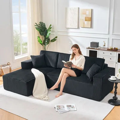 Produktbild von L-Form-Sofa aus Cordstoff, 2-Personen-Sitzgruppe Chaiselongue-Ecke, modulares Ecksofa "Cloud Couch" für Wohnzimmer, Mietwohnung und Apartment, schwarz