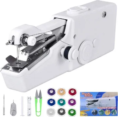 A white handheld sewing machine is shown with various sewing accessories and spools of thread arranged below it. A box with product information is also visible.