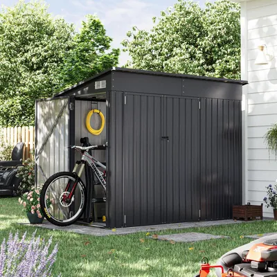 Immagine prodotto di Capanno da giardino in metallo, con tetto a falda, resistente alle intemperie, dimensioni 234x131x185 cm, colore nero, con 3 porte