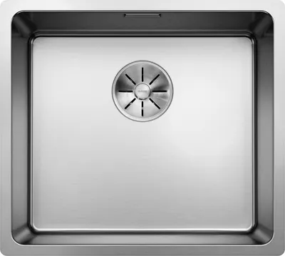 A top-down view of a stainless steel kitchen sink with a drain.