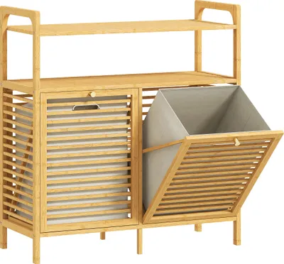 Produktbild von Wäscheregal mit 2 Wäschekörben, freistehendes Bambusregal für Badezimmer, Waschküche, Naturholz+Cremeweiß