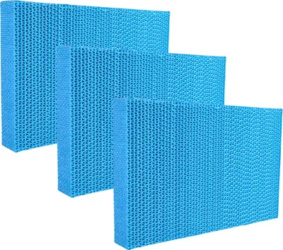 Three blue honeycomb-shaped filter pads arranged diagonally on a white background.