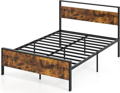 A metal bed frame with a rustic wood-look headboard and footboard, shown against a white background.