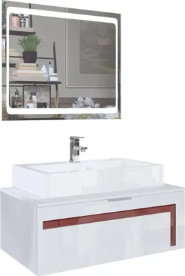 Produktbild von Vladon Waschtisch Waschbecken Unterschrank Aloha V2,  Germany, Weiß matt / Fronten in Weiß Hochglanz mit Absetzungen in Bordeaux Hochglanz, mit Aufsatzwaschbecken, Armatur (M1) und LED Spiegel