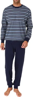 Produktbild von Normann Herren Schlafanzug lang mit Bündchen - Pyjama in Streifenoptik ; navy , 48