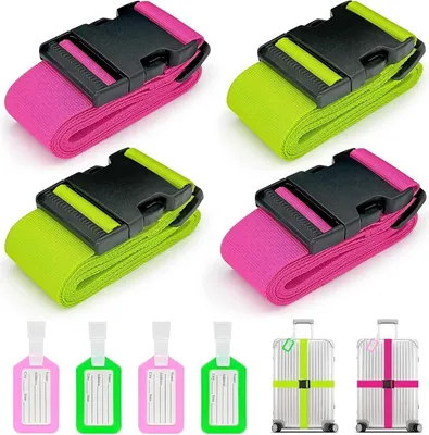 Produktbild von Kofferbänder 4er Set Verstellbar Adressschild Neonrosa+Neongrün