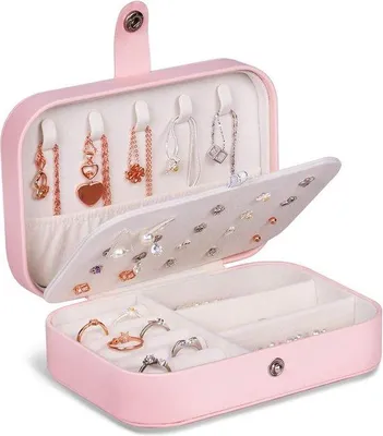 Produktbild von Unyqoos® Schmuckbox aus Kunstleder – Reise-Etui zur Schmuckaufbewahrung, 2-lagig für Ringe, Ohrringe, Ketten & Armbänder, 16,5 x 11,5 x 5,5 cm