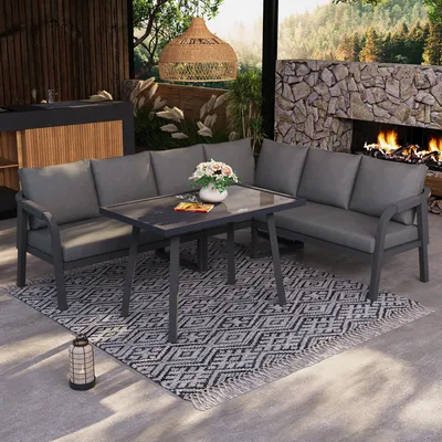 Produktbild von Merax Gartenmöbel-Set für 6 Personen, Garten-Essgruppe mit Ecksofa und Esstisch, Geflochtene Armlehnen, Outdoor Set mit Verzinktes Stahlgestell, Grau