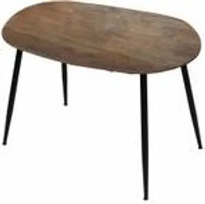 A wooden oval table with black metal legs on a white background.