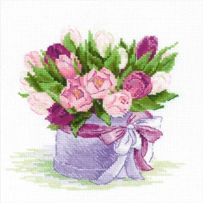 A cross-stitch pattern of a bouquet of tulips in a hatbox.