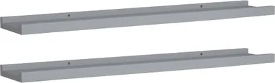 Two identical gray shelves are shown against a white background.
