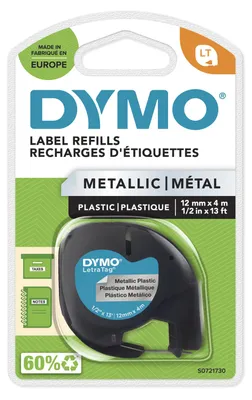 Produktbild von DYMO Original LetraTag Metallic Etikettenband | schwarz auf Metallic-Silber | 12 mm x 4 m | selbstklebendes Etiketten | für LetraTag-Beschriftungsgerät