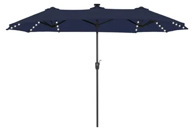 Image de Grand parasol rectangulaire 380 x 200 cm pour le jardin et la terrasse, avec éclairage LED, manivelle, protection UV, résistant au vent, bleu marine