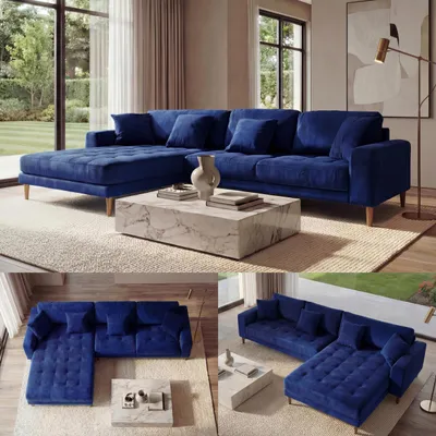 Produktbild von Ecksofa HWC-J54, Couch Sofa 3-Sitzer L-Form Liegefläche links/rechts 295cm  Samt blau