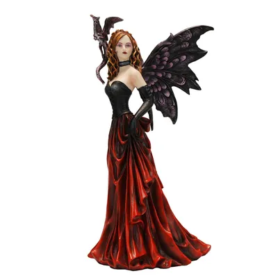 A figurine of a fairy with a dragon on her shoulder, standing against a white background.
