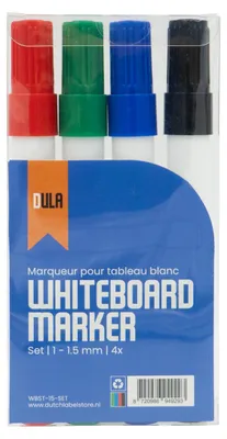 Produktbild von DULA Whiteboard-Marker-Set 4 Farben – Whiteboard-Marker – 1 – 1,5 mm Rundspitze – Whiteboard-Marker – Rot – Grün – Blau – Schwarz