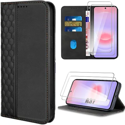 Image de Coque + 2 Verres Trempés pour Samsung Galaxy A37 5G, Protection Antichoc Anti-Rayures Effet Cuir Noir