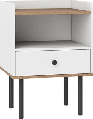 Immagine prodotto di Comodino bianco con cassetto e ripiano aperto, gambe in metallo