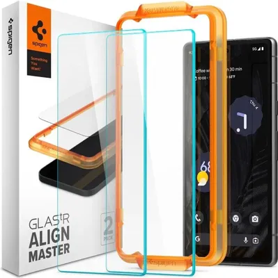 A product shot of a Spigen screen protector kit for a Google Pixel phone, including the packaging, alignment tool, and two screen protectors.