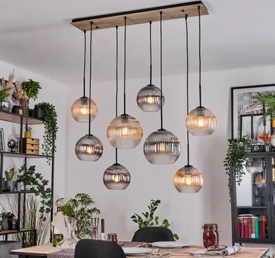 Produktbild von Cesaro Hängelampe Metall/Holz/Riffelglas, Schwarz/Natur/Rauch/Bernstein/Klar