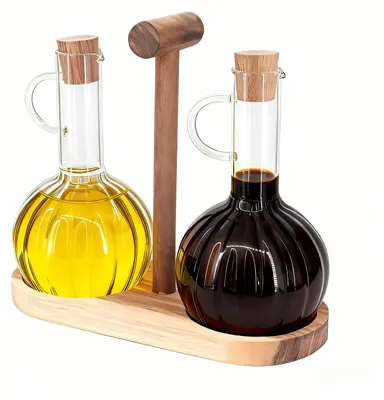 Öl- und Essigspender-Set, 2-teilig, 300 ml, Borosilikatglas, Holzständer