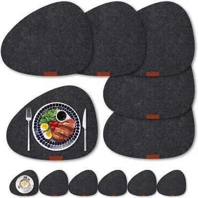 Produktbild von Unyqoos® Filz-Platzset 12-teilig (6 Platzsets 38×32×0,3 cm + 6 Untersetzer 13×10×0,3 cm), 3 mm Filz (Polyester), hitze- & rutschfest, waschbar, dunkelgrau