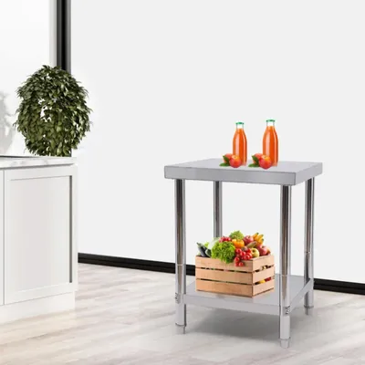 Image de Table de travail de cuisine en acier inoxydable - Table de travail professionnelle - 2 niveaux - Capacité de charge de 400 kg - 60 x 60 x 80 cm - Modèle autonome - Conception ouverte
