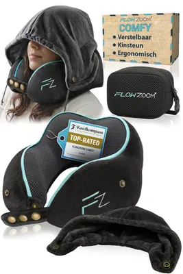Productafbeelding van FLOWZOOM COMFY Reisnekkussen met capuchon, traagschuim, zwart