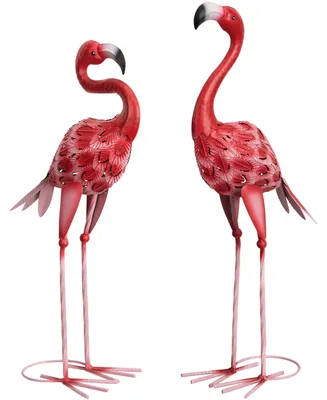 Image de Figurines de jardin en métal représentant des flamants roses, flamant rose rouge, décoration de jardin, sculptures d'extérieur, terrasse, pelouse, jardin, décoration, lot de 2