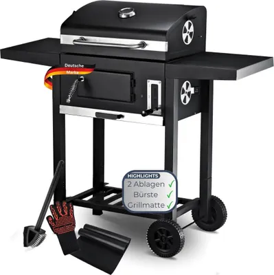 Produktbild von Holzkohlegrill mit Deckel OLLI [Inkl. Grillmatte, Bürste & Handschuhe] Grillwagen Edelstahl-Griff Standgrill Kohlegrillwagen