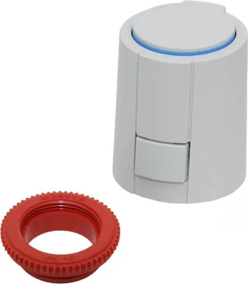 A white thermostat actuator and a red adapter ring are shown against a white background.