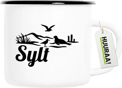 Produktbild von Huuraa Emaille Tasse Sylt Strandmotiv 300ml Vintage Campingbecher Geschenkidee