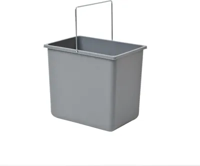 A gray rectangular bucket with a silver wire handle, isolated on a white background.