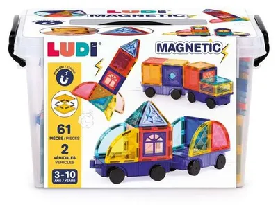Produktbild von Ludi magnetisches Spielzeug Fahrzeuge Bauset 63-teilig Koffer
